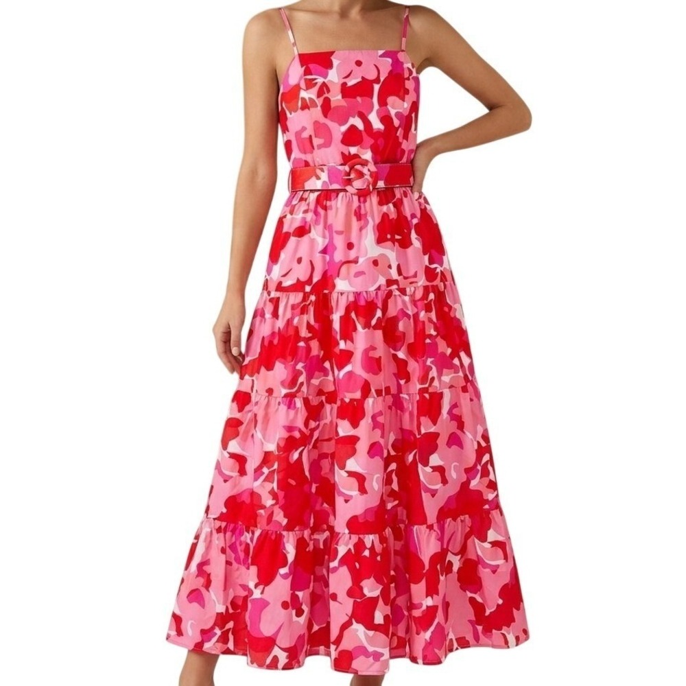 Kaimilan Women's Size 8 Red Pink Floral Belted Smocked Tiered Summer  Dress